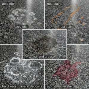 Five types of chemical stains on granite — acid etch, rust, oil, hard water, and dye stains