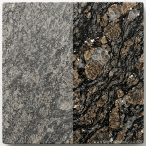 Stone enhancer before and after — untreated faded granite (left) vs enhanced granite with deep, rich color saturation (right)