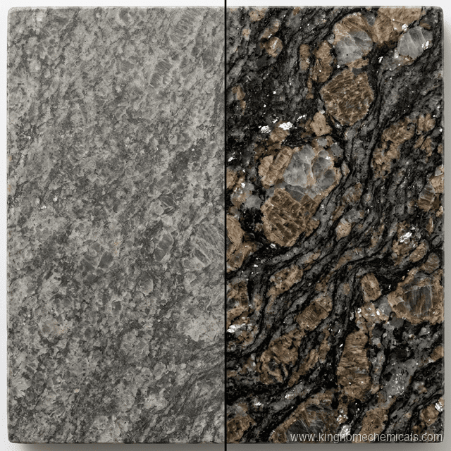 Stone enhancer before and after — untreated faded granite (left) vs enhanced granite with deep, rich color saturation (right)