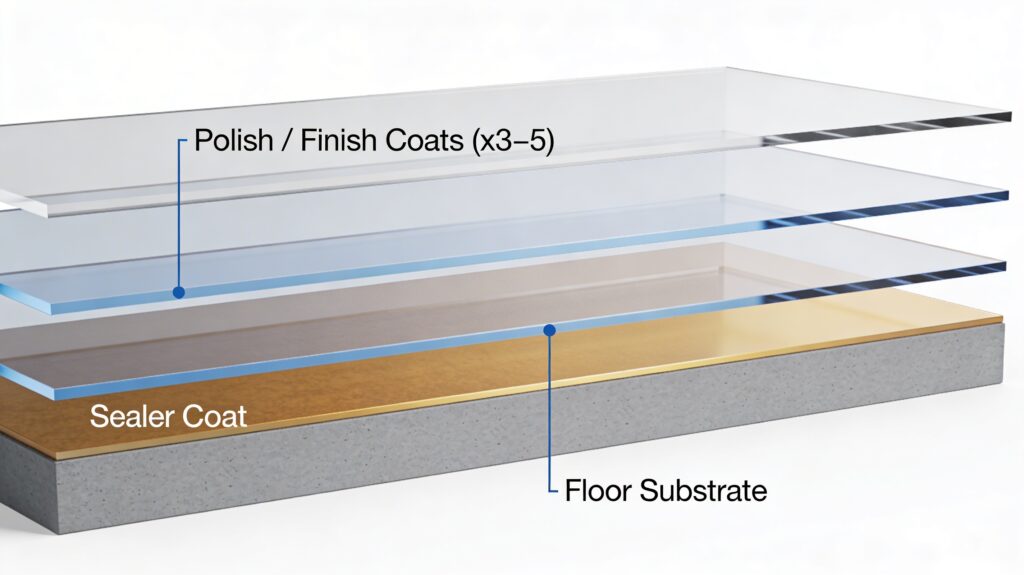 Cross-section diagram of a commercial VCT floor finish system showing the tile substrate at the bottom, a sealer coat in the middle, and multiple floor polish coats on top