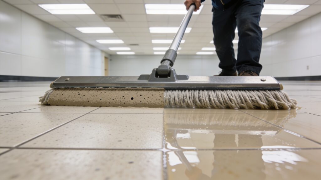 Floor maintenance worker applying a sealer coat to bare VCT tile with a flat mop, showing the bare matte tile surface being covered with the sealer solution