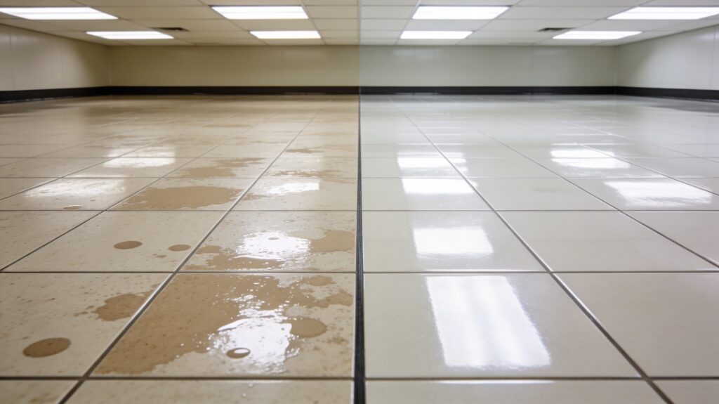 Side-by-side comparison of floor polish results on VCT — left shows patchy uneven gloss from polish applied without a sealer base, right shows uniform high-gloss finish on properly sealed VCT