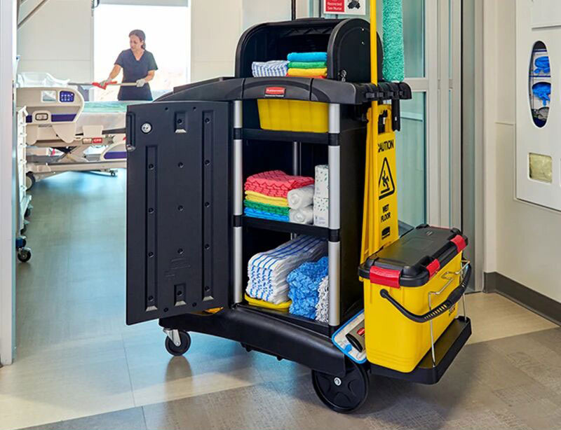 Rubbermaid Commercial healthcare cleaning cart with quiet casters