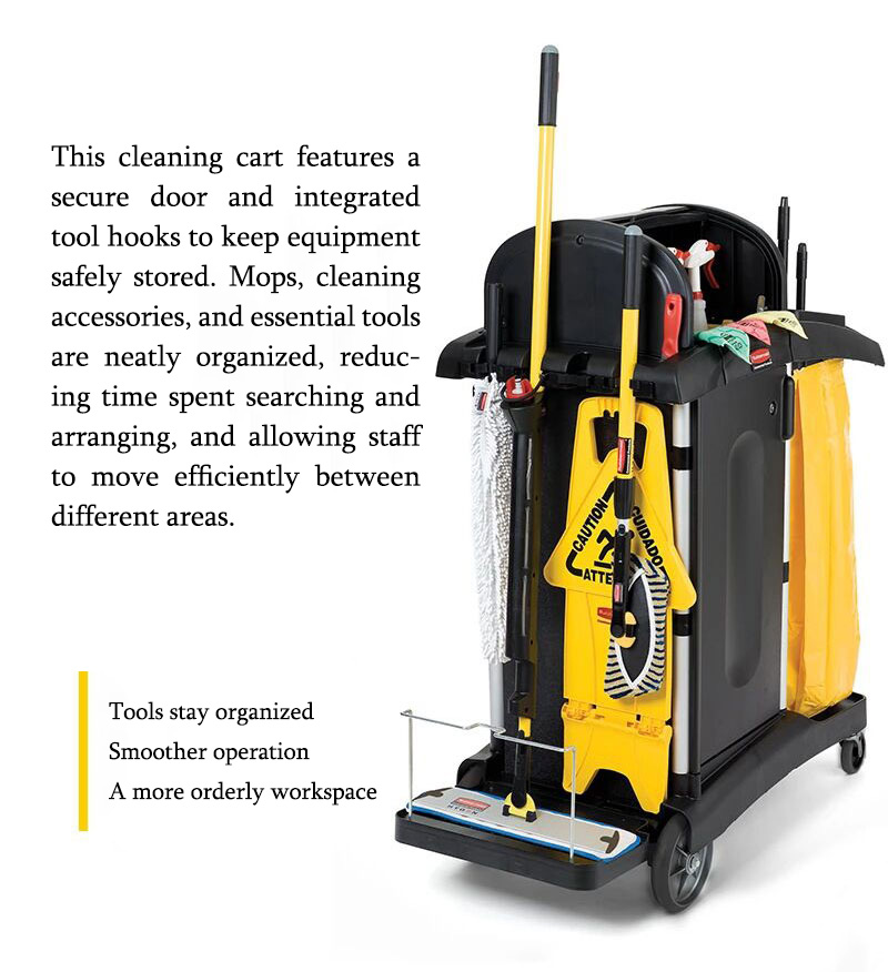 Tool hooks and secure door on cleaning cart
