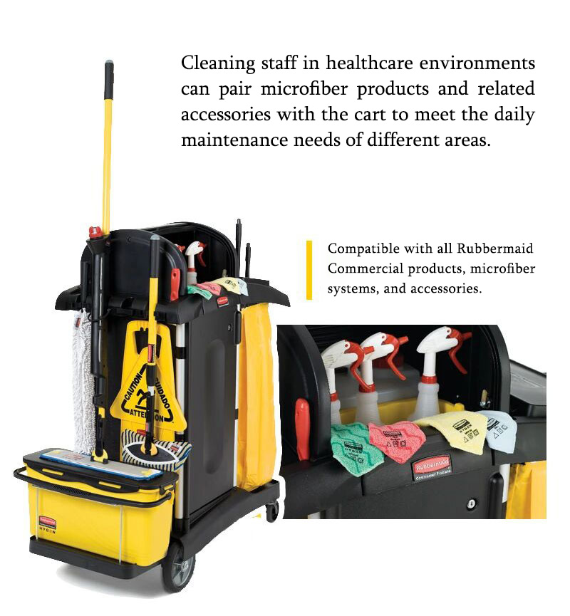 Rubbermaid Commercial healthcare cleaning carts are fully compatible with Rubbermaid Commercial microfiber products and accessories.