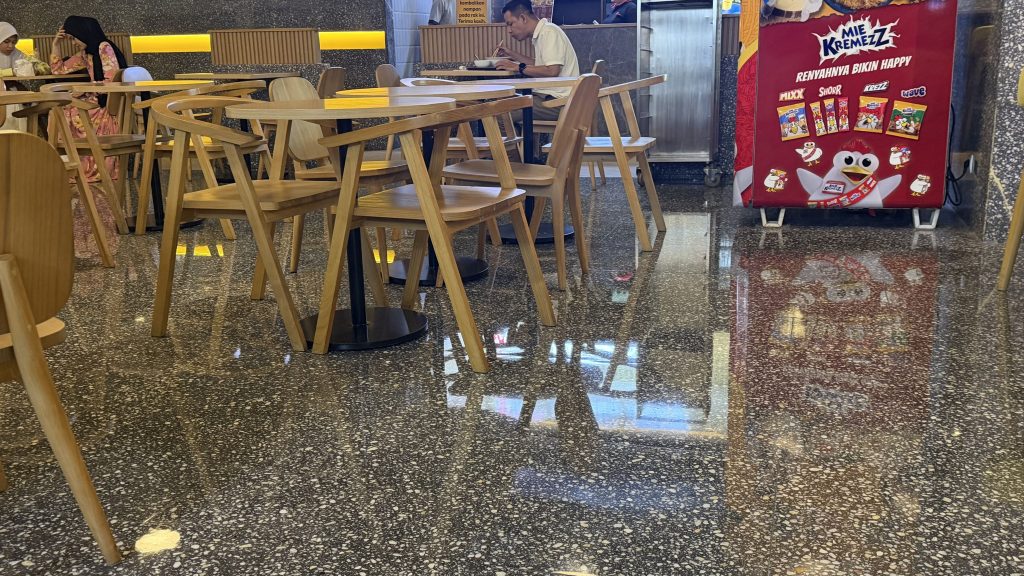 Green Shield terrazzo floor polishing maintenance at Menara Astra restaurant Indonesia