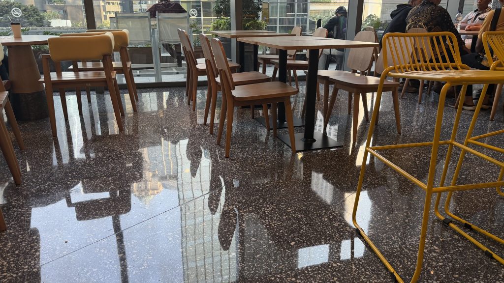 Green Shield terrazzo floor polishing maintenance at Menara Astra restaurant Indonesia