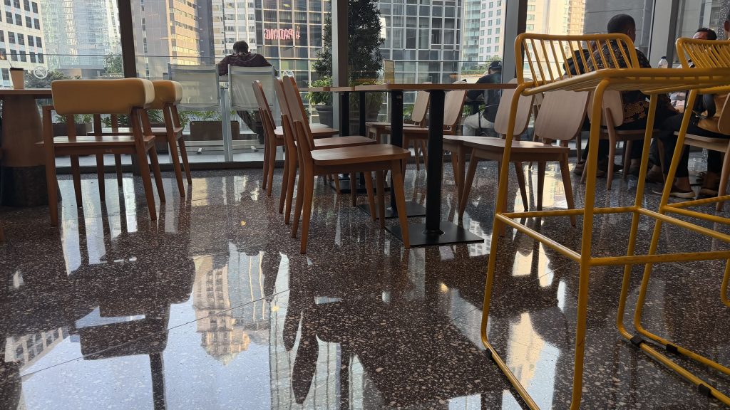 Green Shield terrazzo floor polishing maintenance at Menara Astra restaurant Indonesia