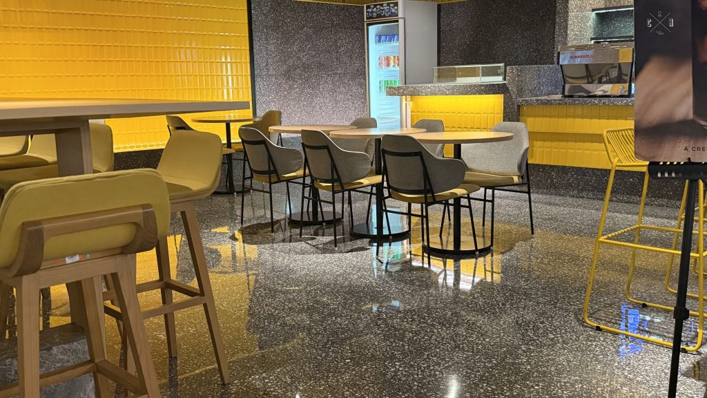 Green Shield terrazzo floor polishing maintenance at Menara Astra restaurant Indonesia