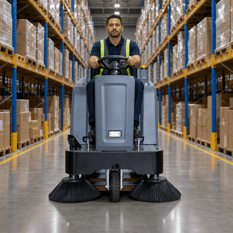 KH-SJ1250 Industrial Ride-On Sweeper | 7500 m²/h Efficiency, 28L Water Tank & Shock Absorption for Parking Lots
