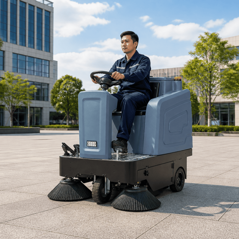 KH-SJ1250 Industrial Ride-On Sweeper | 7500 m²/h Efficiency, 28L Water Tank & Shock Absorption for Parking Lots