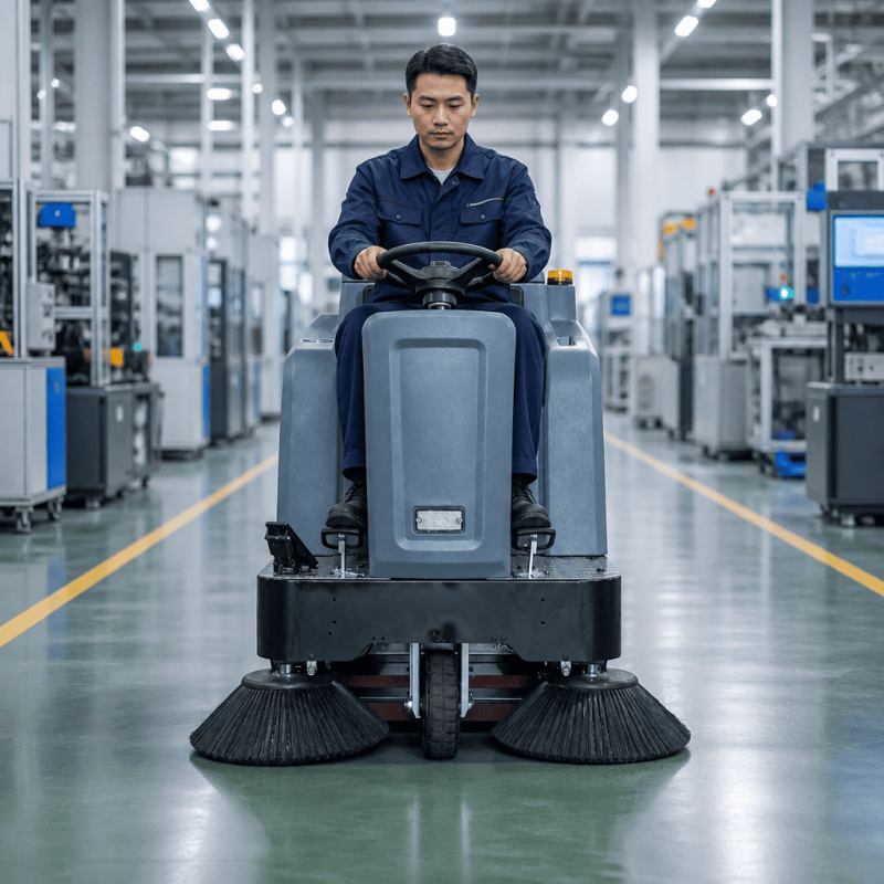 KH-SJ1250 Industrial Ride-On Sweeper | 7500 m²/h Efficiency, 28L Water Tank & Shock Absorption for Parking Lots