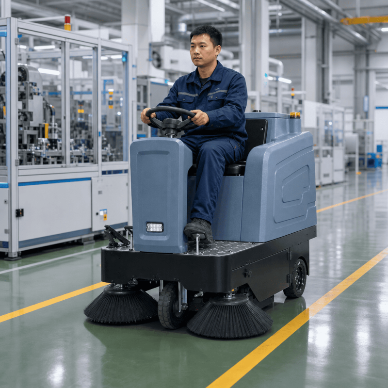 KH-SJ1250 Industrial Ride-On Sweeper | 7500 m²/h Efficiency, 28L Water Tank & Shock Absorption for Parking Lots
